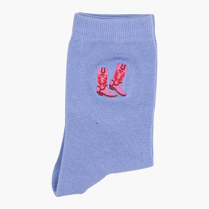 Sock Talk – wholesale Socks – Women's – Women's Embroidered Ankle Socks- Light Blue, Cowboy Boots3