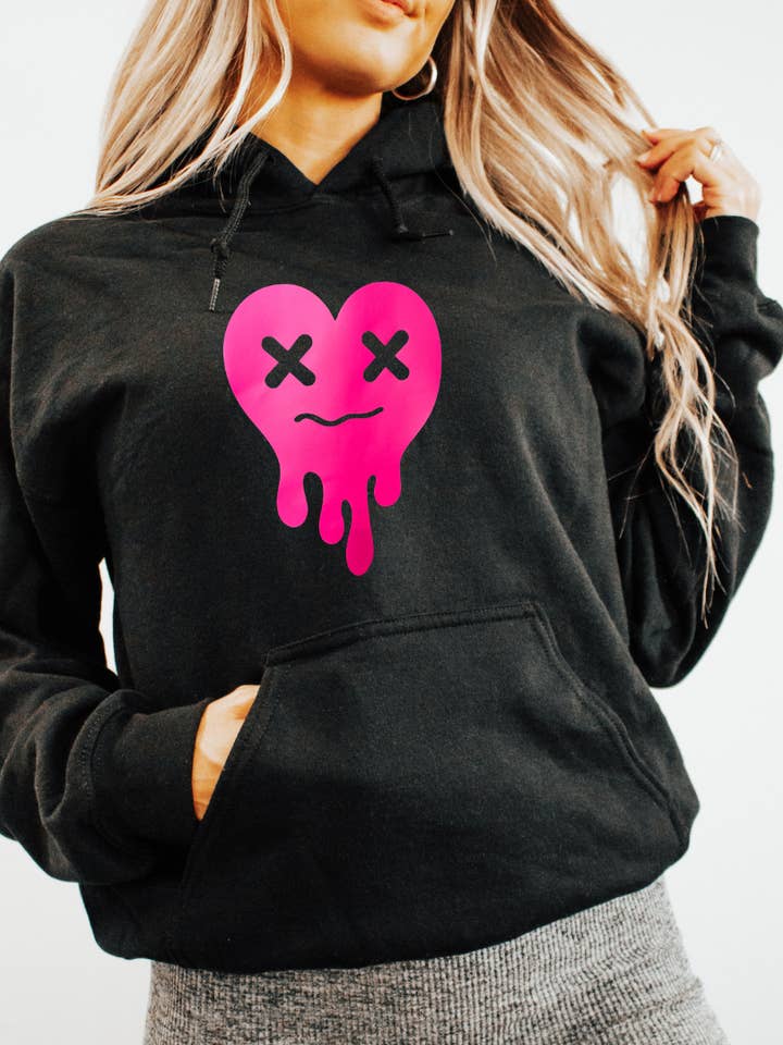 Tired Heart Hoodie – Cozy Pullover in Blue, Gray, or Black with Bold Heart Graphic for wholesale by The Maximalist Boutique