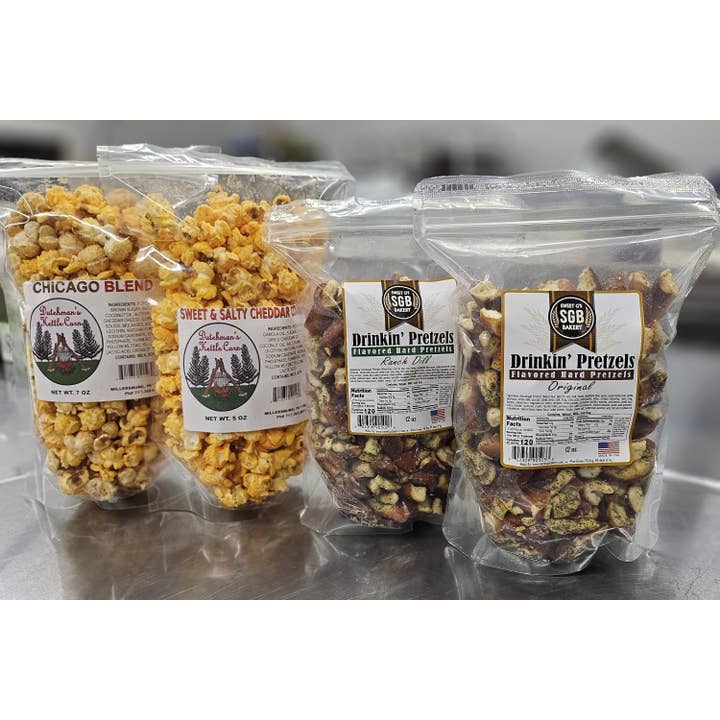 Snack Box #1 - Flavored Hard Pretzels & Kettle Corn Popcorn for wholesale by Sweet G's Bakery - Drinkin’ Pretzels™