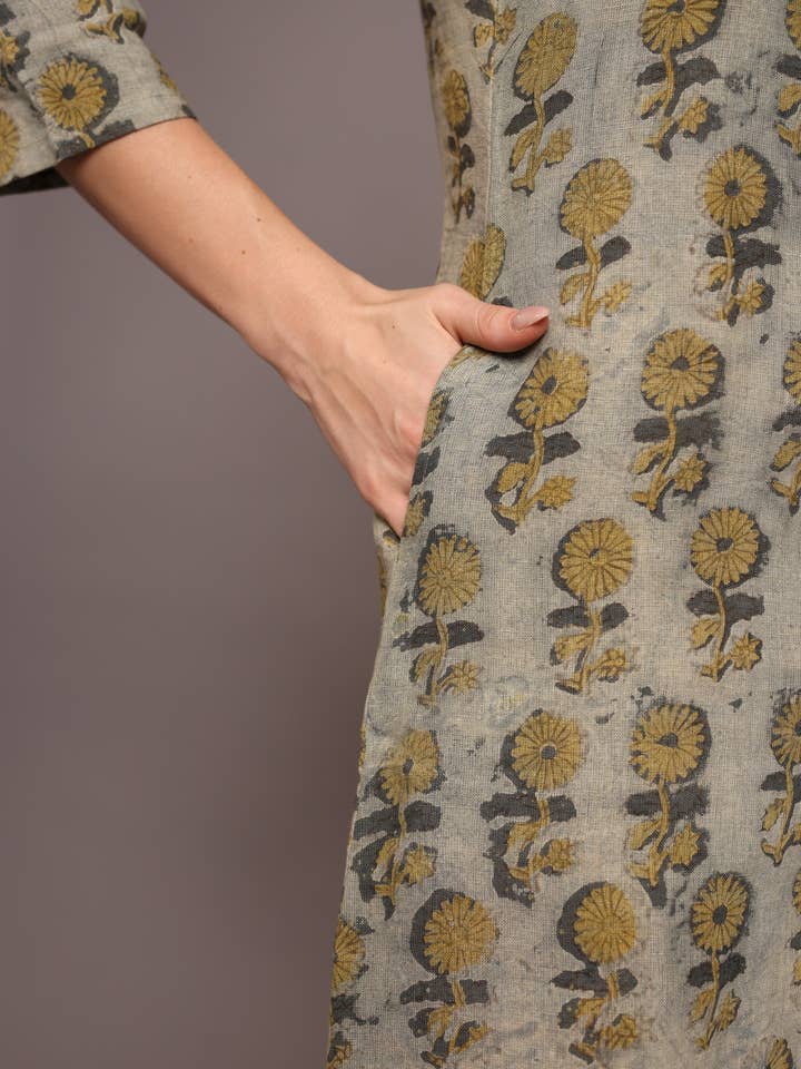 Pista Green Linen Block Printed Knee-Length Dress in Floral Print
for wholesale on Faire3