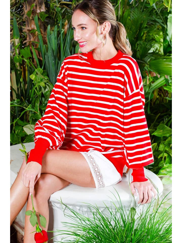Vine & Love - Wholesale Knit Sweater - Women's - Striped Long Balloon Sleeve Knitted Sweater Top VT60387D24