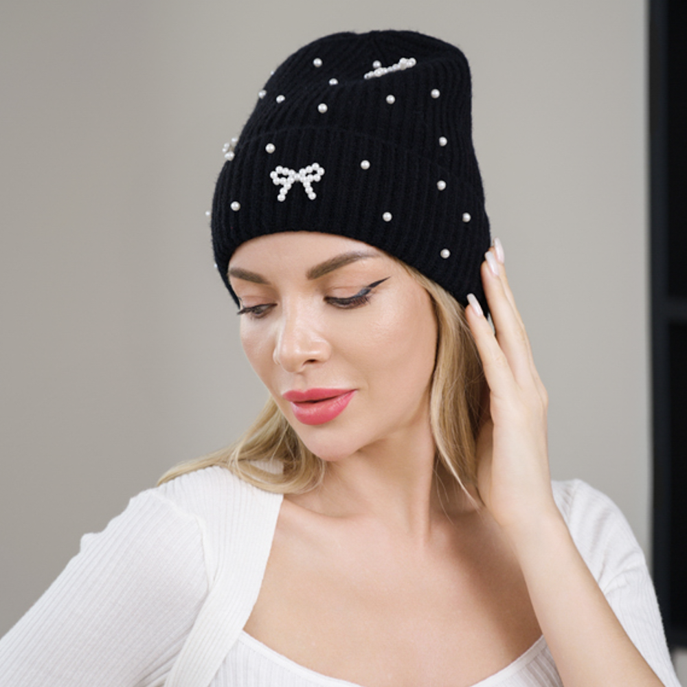 JOIA ACCESSORIES - Wholesale Beanie - Women's - PEARL BOW ACCENT KNIT BEANIE HAT, H 35084