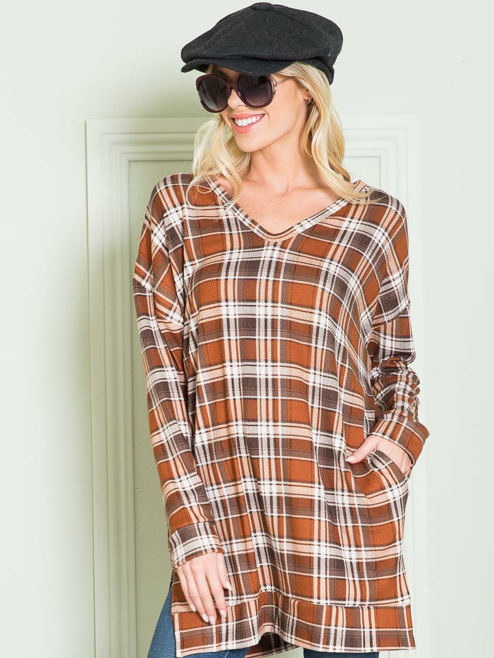 Plaid V Neck Sweater Tunic-2 Colors for wholesale by Orange Farm Clothing