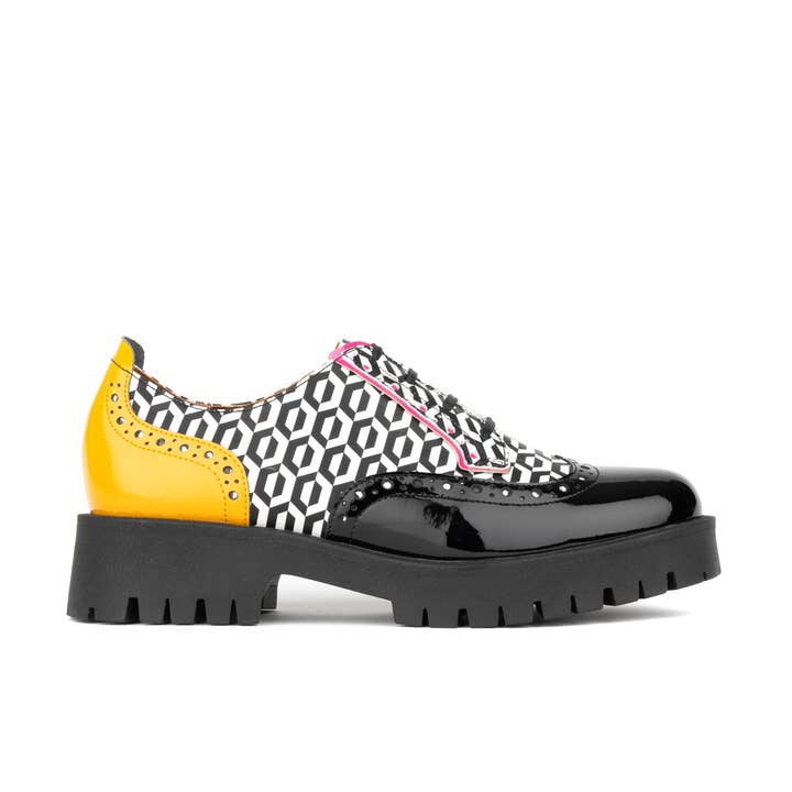 Embassy London – wholesale Brogue shoes – Women's – Artisan - Black & Yellow Hexa - Women's Leather Lace-up Shoe with Brogue Detailing