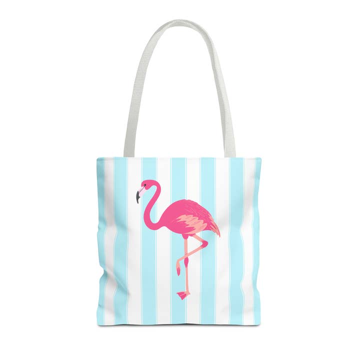 Pink Flamingo Cabana Stripe Tote bag. Available in 3 sizes. for wholesale by Lyn Roma