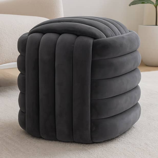 Ottoman Stool - Grey Velvet Cube Knot Layered Cushion, 19 in for wholesale by Elevarre