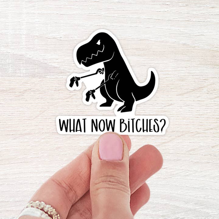 What Now Bitches T-Rex Sticker for wholesale by The Daydreamer Designz