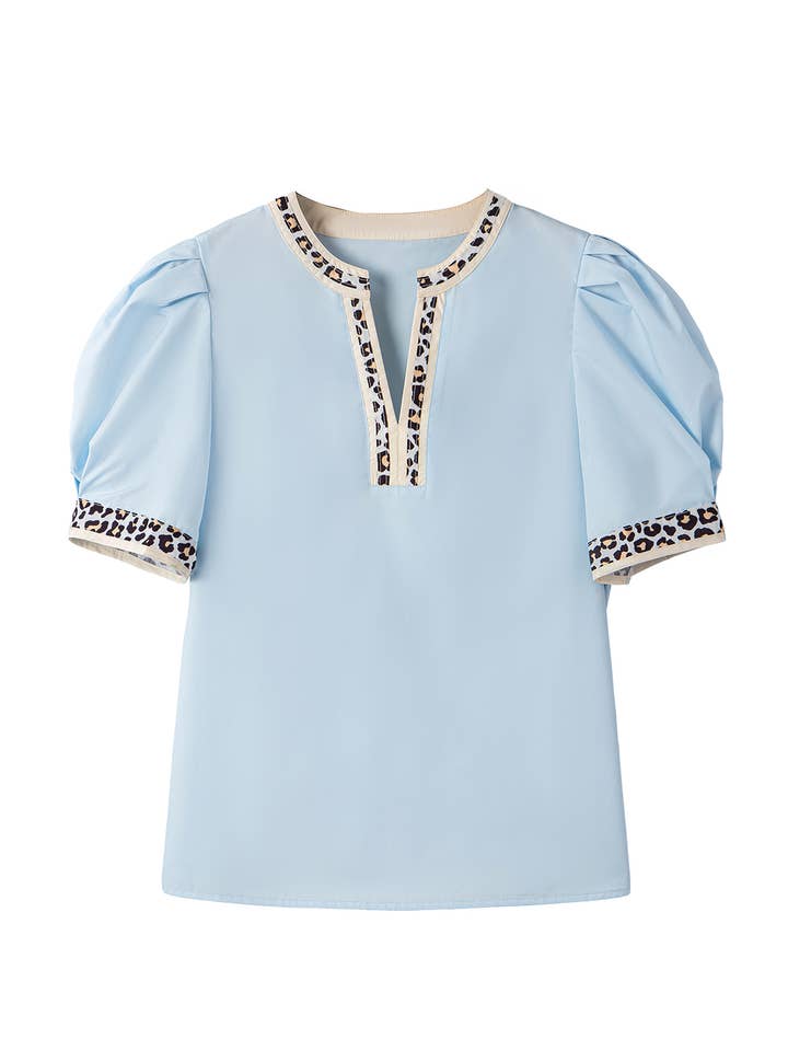 As shown Contrast Leopard Trim Puff Sleeve Blouse | S-XL for wholesale on Faire
