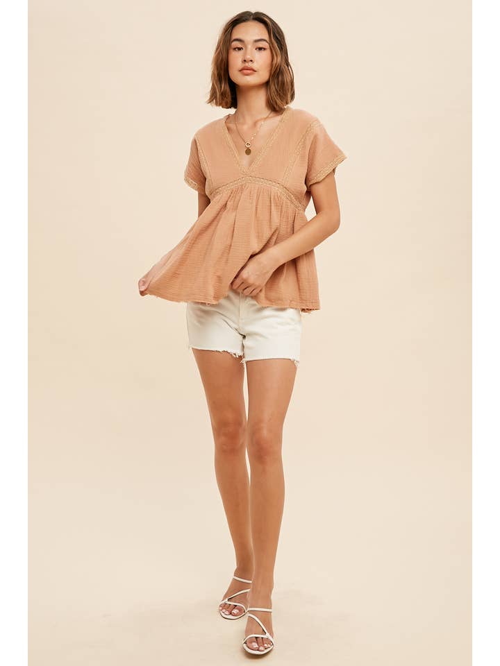 In Loom - Wholesale Blouse - Women's - COTTON MUSLIN LACE ACCENT V NECK BLOUSE