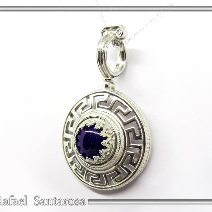 Lapis lazuli pendant with meander wreath Greek Key for wholesale by RAFAEL SANTAROSA