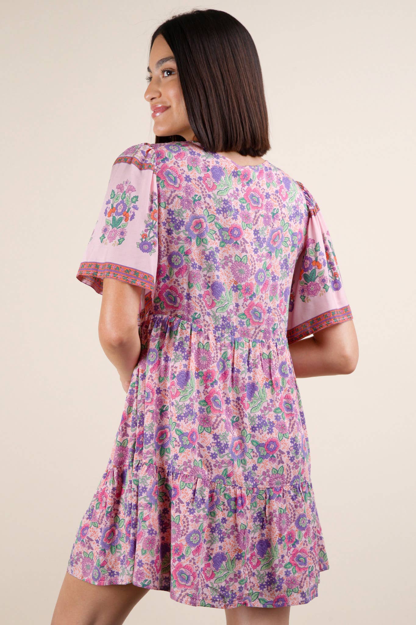 VERY J - Wholesale Dress - Women's - ND31637-Shirring Detail Printed Woven Mini Dress7