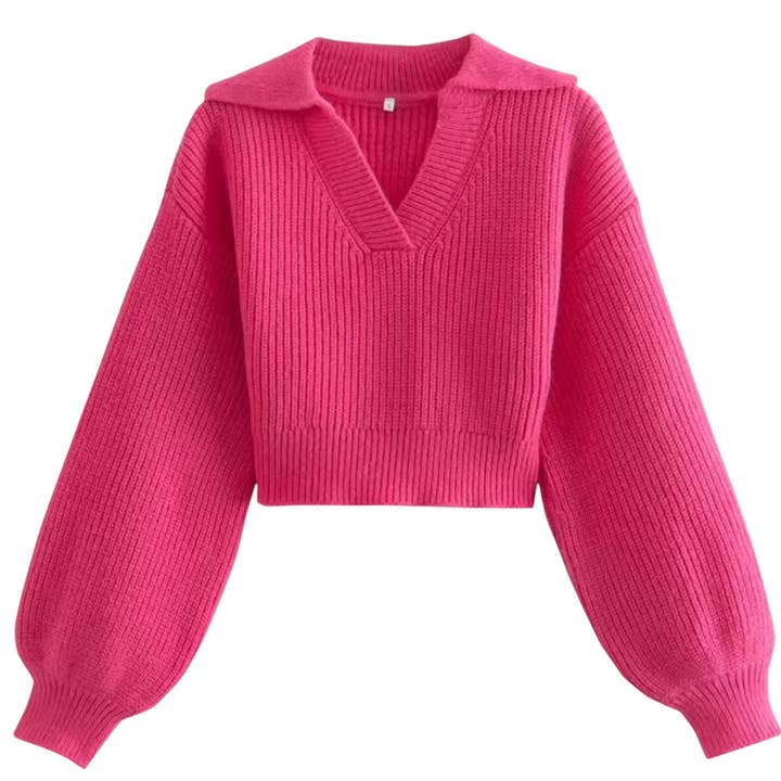 cutandcropped - Wholesale Knit Sweater - Women's - Hot Pink Crop Collared Sweater