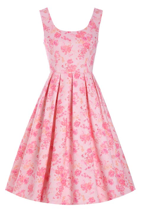 Vestido evasé con escote redondo y estampado floral rosa de sombras de Amanda para venta al por mayor de Dolly & Dotty