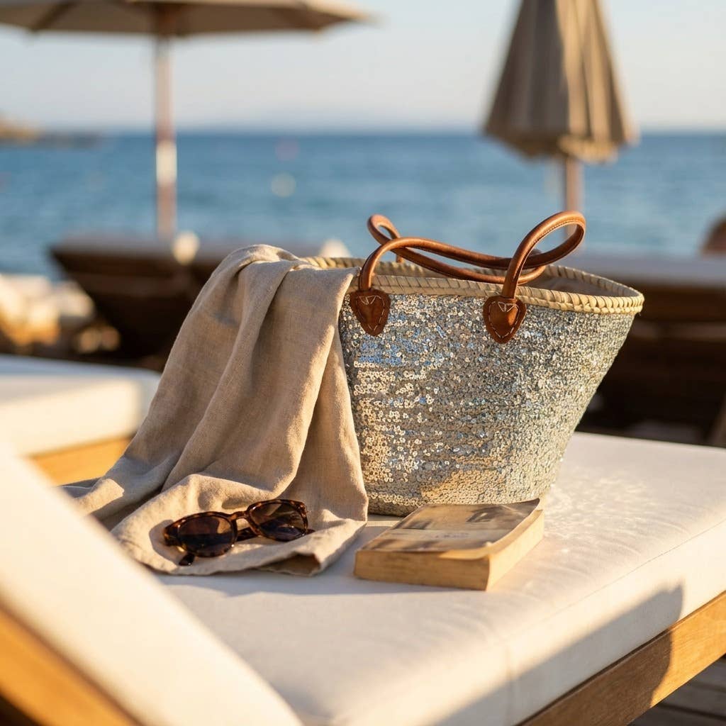 Melecraft – Engroshandel Strandtaske – Sølvglitrende palmehåndtaske, fransk markedskurv7