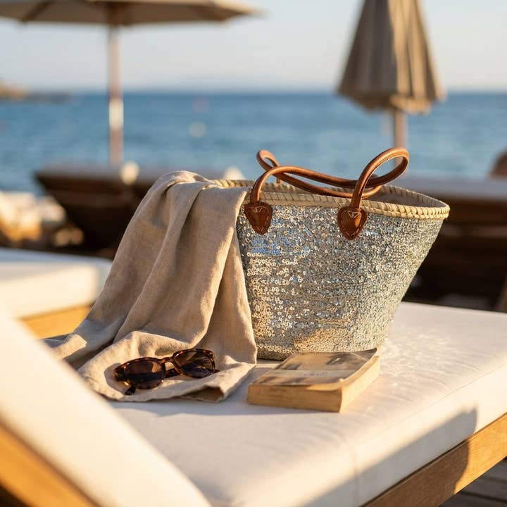 Melecraft – Engroshandel Strandtaske – Sølvglitrende palmehåndtaske, fransk markedskurv7