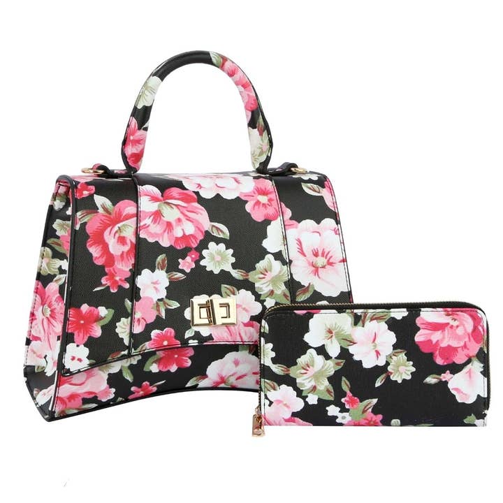 Ensemble de sac à main à poignée supérieure à motif floral noir pour la vente par PinktownUSA