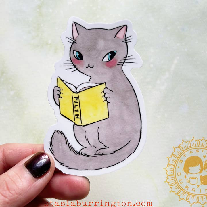 Autocollant - Filth Kitty en train de lire pour la vente par Stasia Burrington Illustration