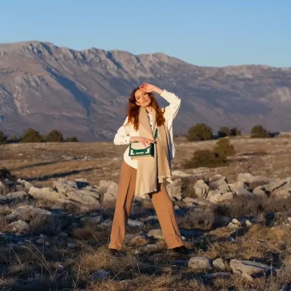 Alca Green Ostrich Leather And Linen Flip Bag for wholesale on Faire7