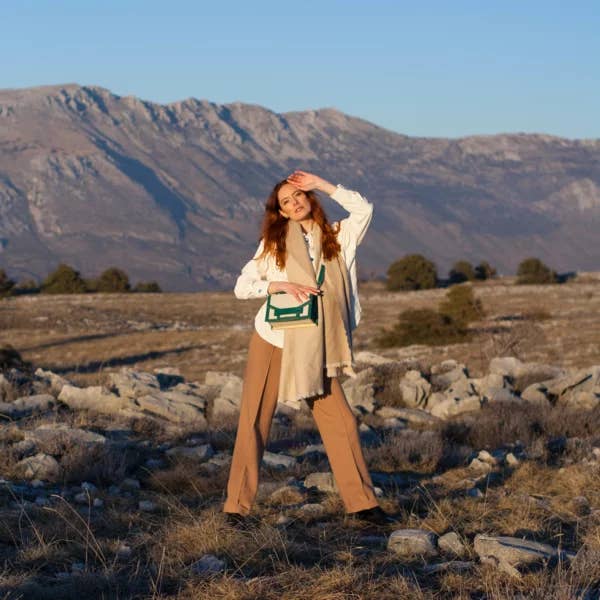 Alca Green Ostrich Leather And Linen Flip Bag for wholesale on Faire7