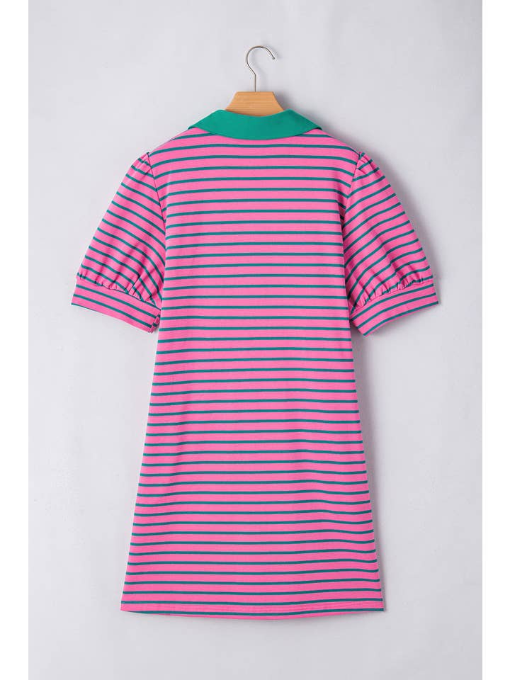 Pink Plus Size Stripe V Neck Puff Sleeve Collared Shirt Dress for wholesale on Faire