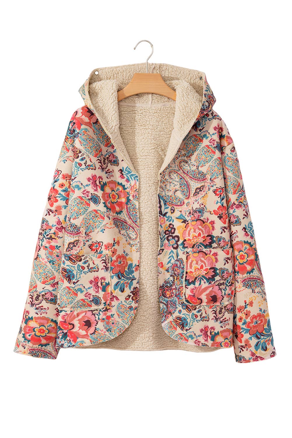 As shown Paisley Floral Print Sherpa Lined Hooded Jacket | S-XL for wholesale on Faire8