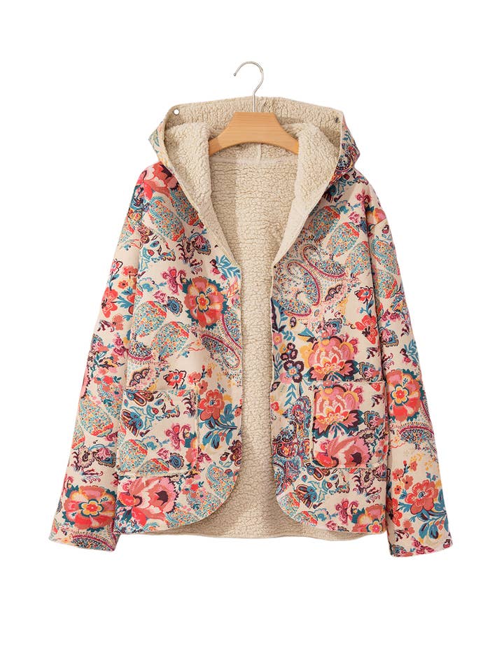 As shown Paisley Floral Print Sherpa Lined Hooded Jacket | S-XL for wholesale on Faire8