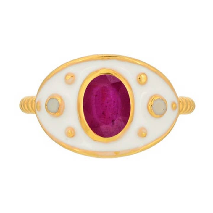 Bague en argent sterling 925 ornée de perles rubis émaillées en vermeil 14 carats pour la vente par Misteerious Seed