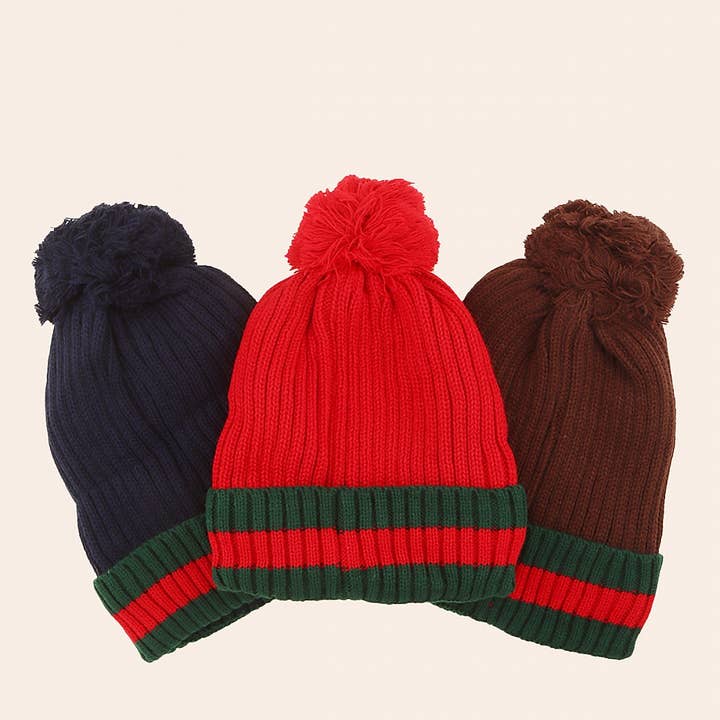 anbfashion - Wholesale Beanie - Women's - RIBBED KNIT POM POM BEANIE WITH DESIGNER-INSPIRED STRIPE6