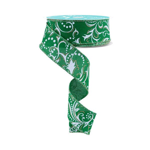 General Wholesale Inc - Wholesale Ribbon - Gift Wrapping - 1.5"X10YD LEAF FILAGREE W/DOTS - EMERALD/WHITE/CHAMPAGNE - RGF144606