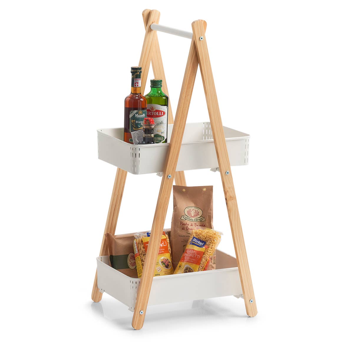 Freestanding shelf with 2 baskets, metal/wood, white for wholesale on Faire4