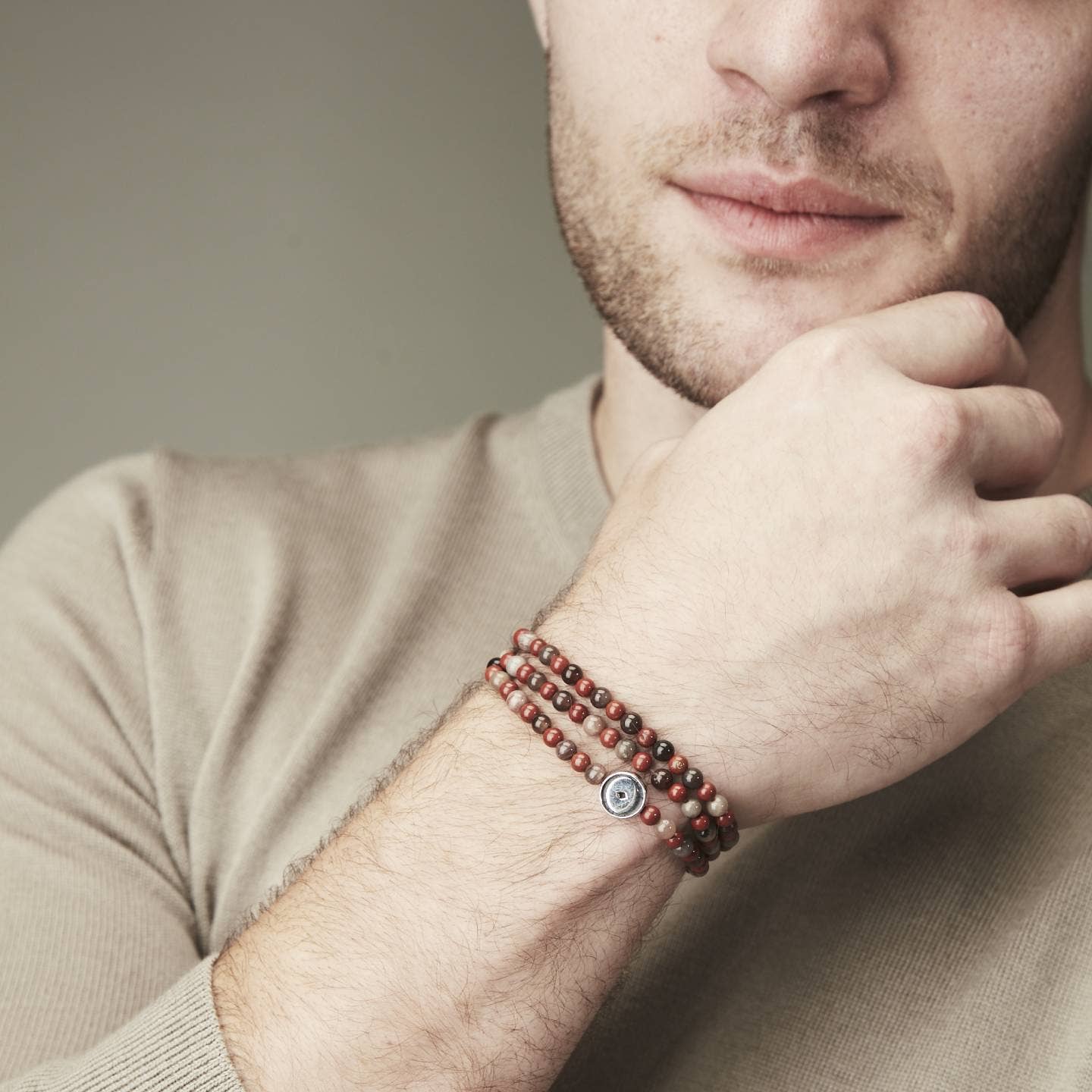 Bhoma - Mens Designer Jewelry - Wholesale Beaded Bracelet - Mens Red Jasper Beaded Wrap Bracelet with Sterling Silver Bead2