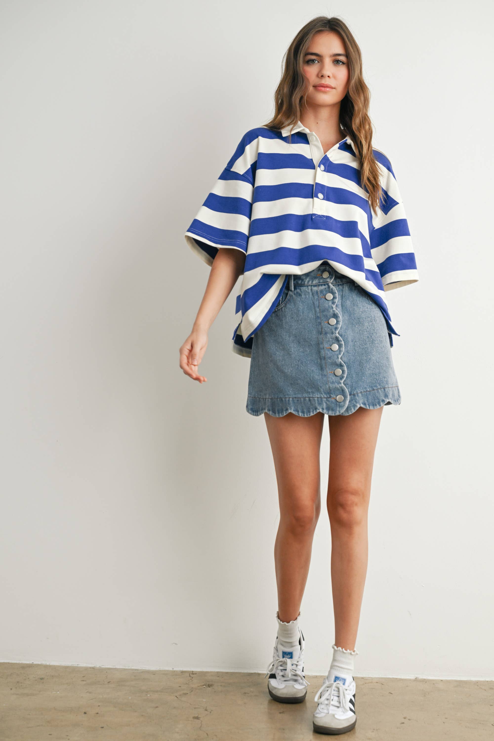 BUTTERMELON - Wholesale Polo - Women's - Striped Oversized Polo Shirt - BMT771039