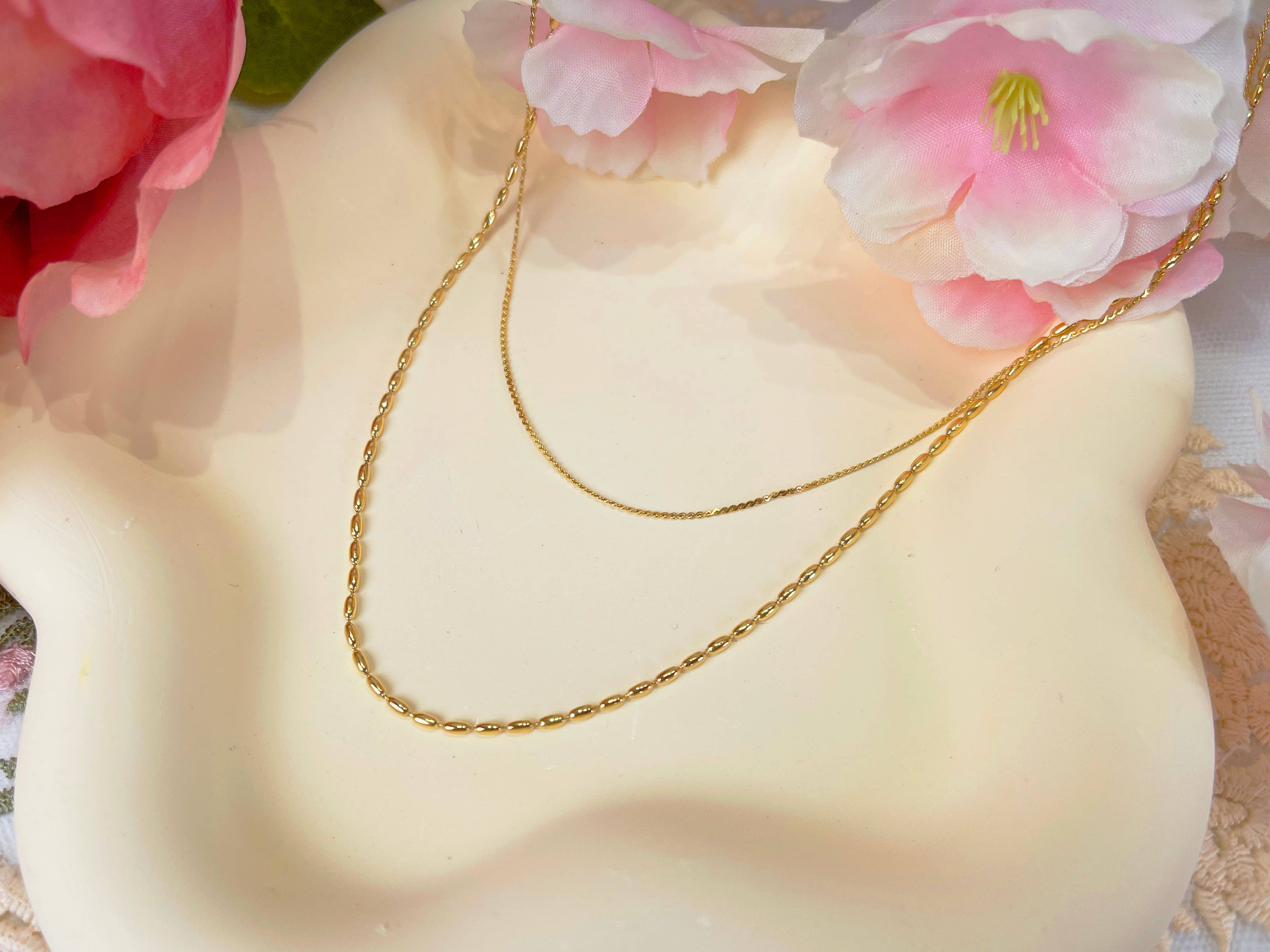 Melange Blanc - Wholesale Link & Chain Necklace - N018 gold double strand dainty chain minimalist necklace4