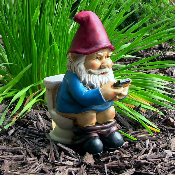 Cody Reading a Phone on the Throne Outdoor Garden Gnome for wholesale by Sunnydaze Decor