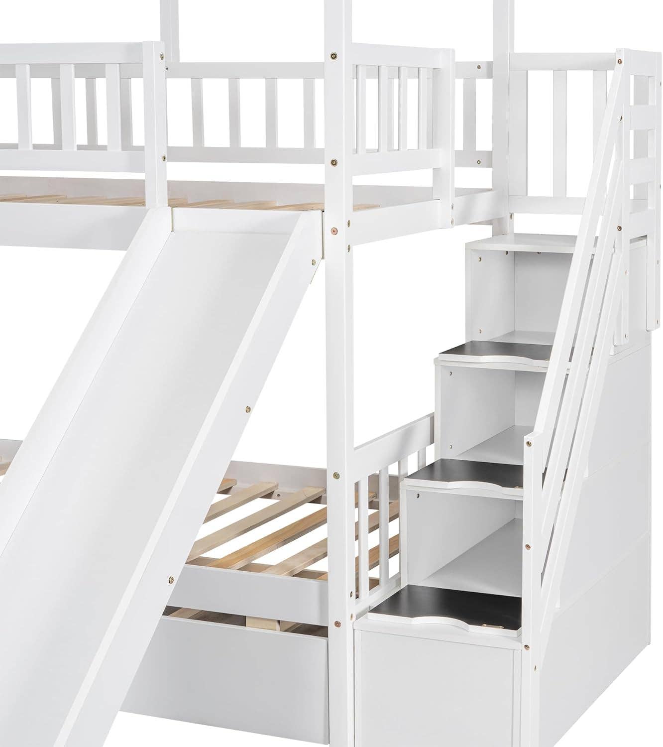 Kids Twin Over Twin Bunk Bed With Slide And Trundle White for wholesale on Faire4