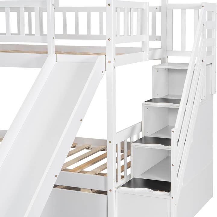 Kids Twin Over Twin Bunk Bed With Slide And Trundle White for wholesale on Faire4