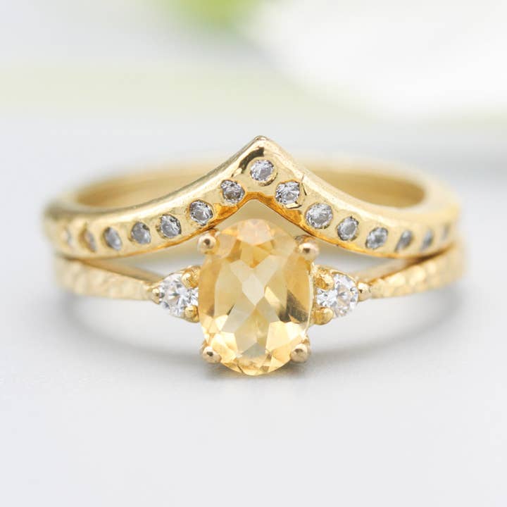 Set of 2 Oval Citrine and Diamond Rings with 14k Gold Band for wholesale by Metal Studio Jewelry