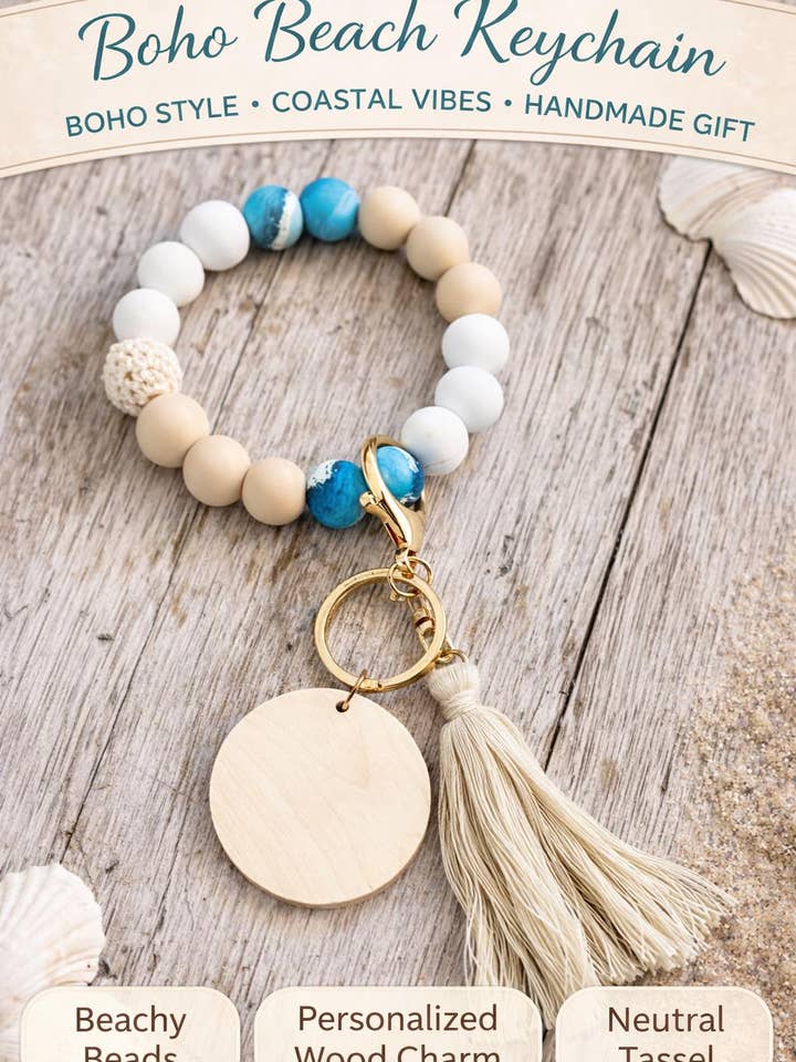 Floral Beach Beaded Key Ring with Tassel | Engraved Wood Charm | Gift for Her for wholesale by Crimson and Lace LLC