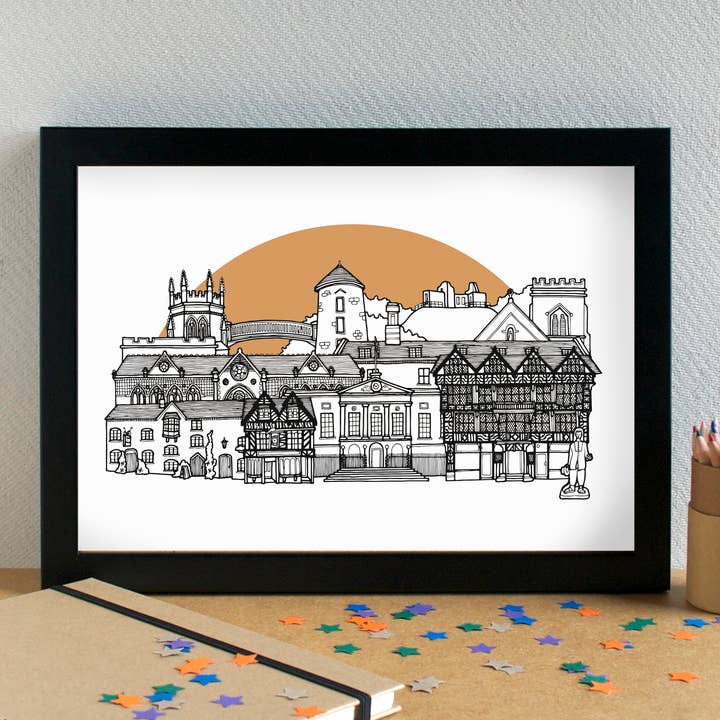 Impression artistique sur les monuments de Stafford Skyline, sans cadre pour la vente par Becka Griffin Illustration