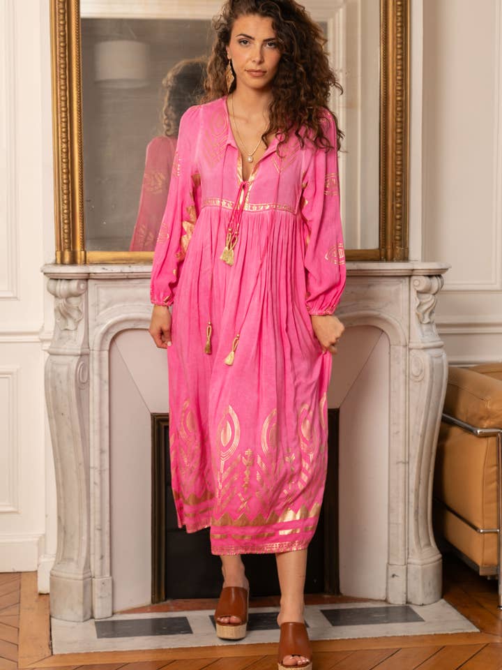 Long dress with gold print, V-neck with ties to tie. for wholesale by last queen