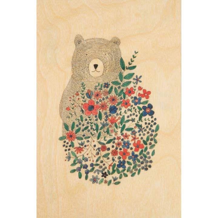 Wood Postcard Petit Gramme Bear and Flowers for wholesale by Woodhi