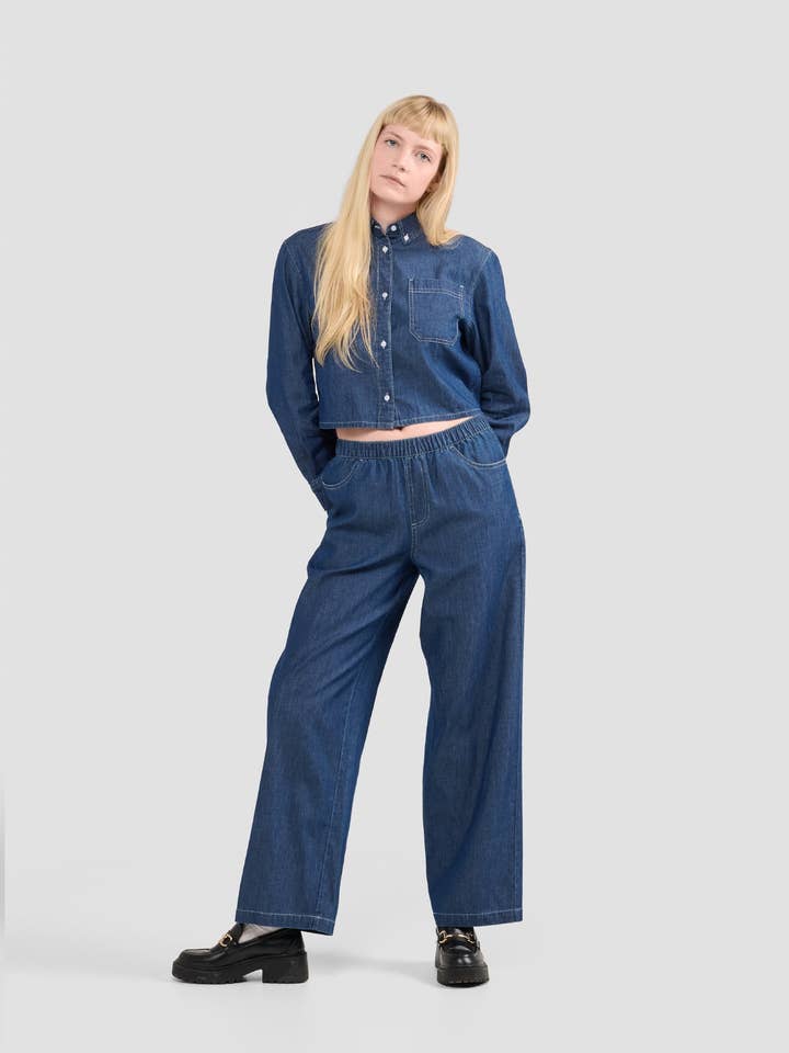 Women's Chambray Denim Cropped Button Down Shirt for wholesale by Poplin and Co.