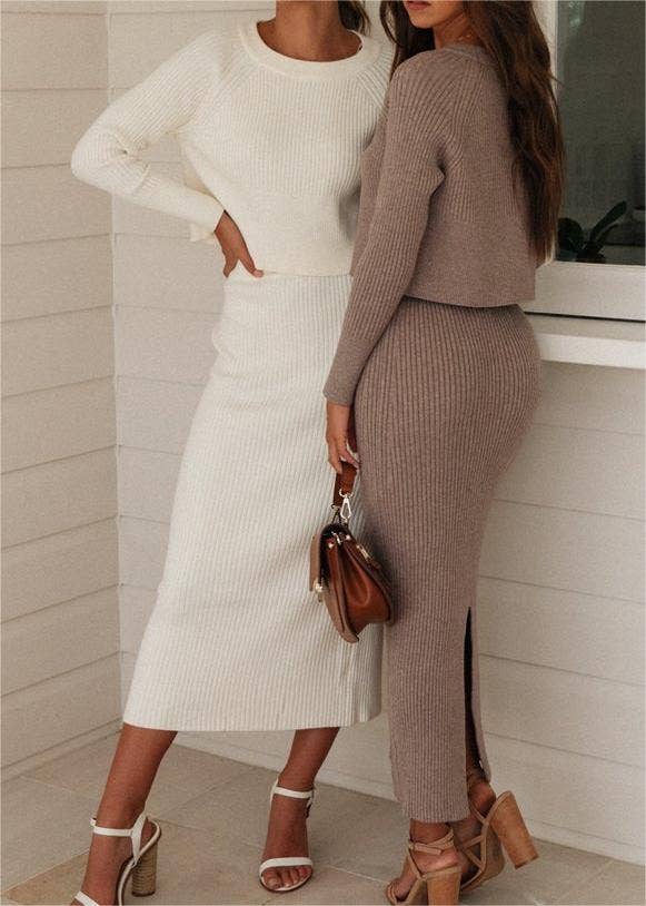 HIDDENBRAND - Wholesale Top & Skirt Set - Women's - 3-color sweater knit slit long dress set9