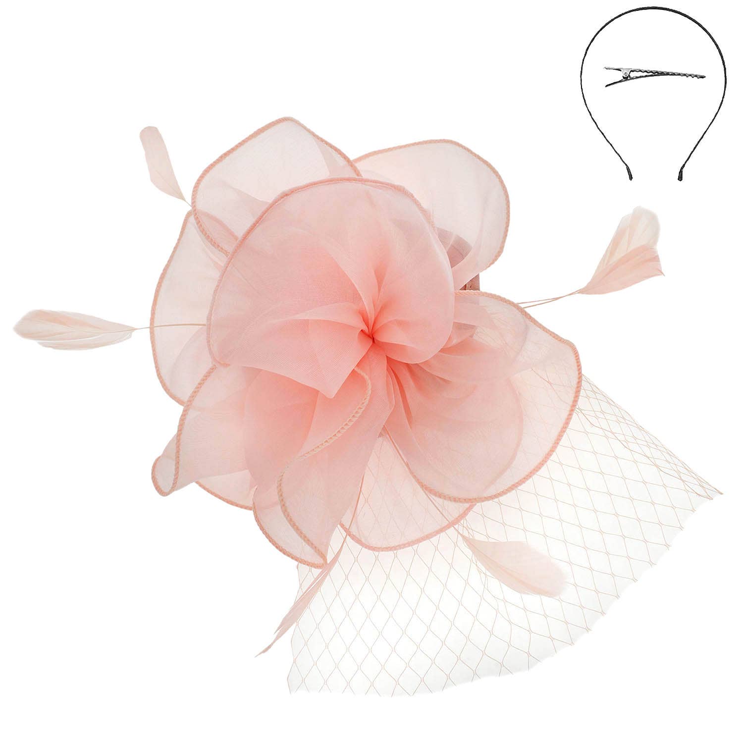 SP Sophia Collection - Wholesale Fascinator Hat - Women's - Baby Feathers & Flower w/ Netted Mesh Fascinator w/ Headband8