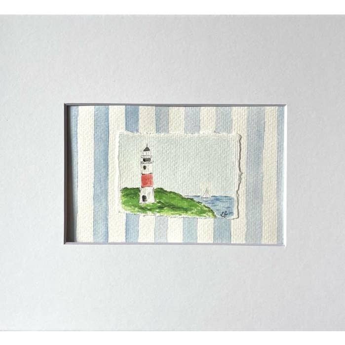 Aquarellgemälde des Sankaty-Leuchtturms in Nantucket, gerahmt für den Großhandel von Courtney Foley
