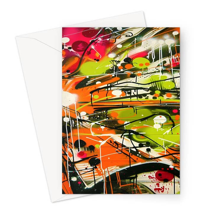 Neon Splatter Symphony: Urban Graffiti Art Greeting Card for wholesale by D'Sare