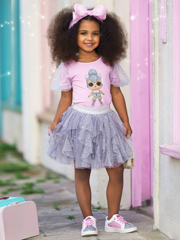 Pink L.O.L. SURPRISE! x Mia Belle Girls Kitty Queen Sparkle Tulle Skirt Set for wholesale on Faire