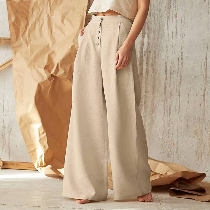 pinkblu02 - Wholesale Pants - Women's - Women High Waist Casual Button Cotton And Linen Wide Leg Pants