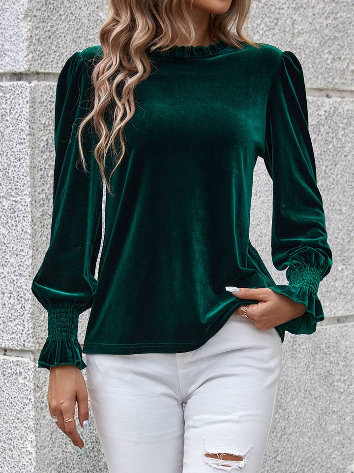 DkGreen Elegance Velvet Long Sleeves Cuffed Blouse for wholesale on Faire