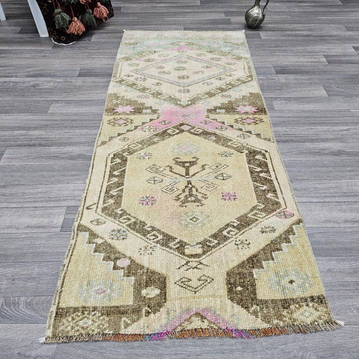 Hand Knotted Turkish Wool Runner Rug: Muted Neutral Colors, 2x6 ft for wholesale by MesopotamiaRugs